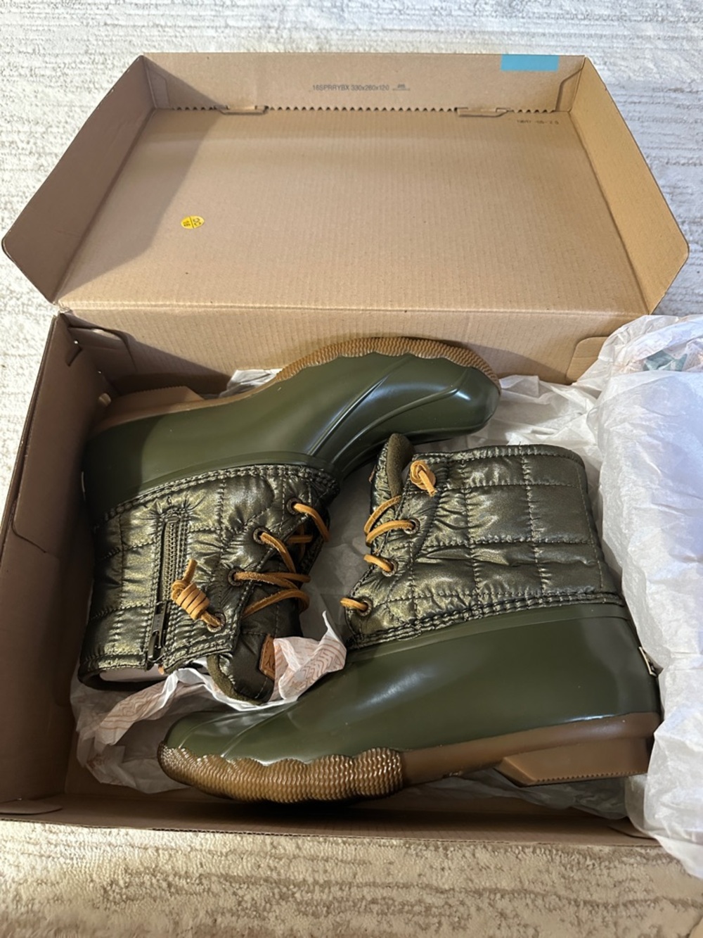 Sperry Olive Green Quilted Rain Boots with Tan Laces